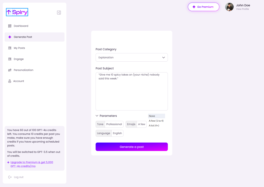Generate a LinkedIn post using Spiry Ai