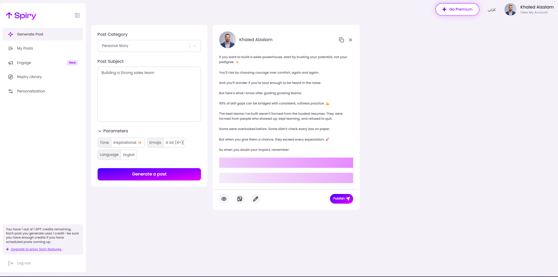 Create high-performing LinkedIn posts in seconds using Spiry’s AI-powered dashboard. Choose your topic, tone, and post format, then generate ready-to-publish content tailored to your personal brand—eliminating writer’s block and saving hours of manual work.