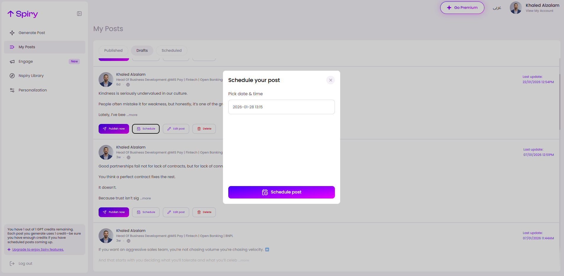 Plan and schedule LinkedIn posts in advance with Spiry’s built-in scheduling feature. Set posting dates and times to stay consistent on LinkedIn without manual posting, ensuring your personal brand stays active even on busy days.