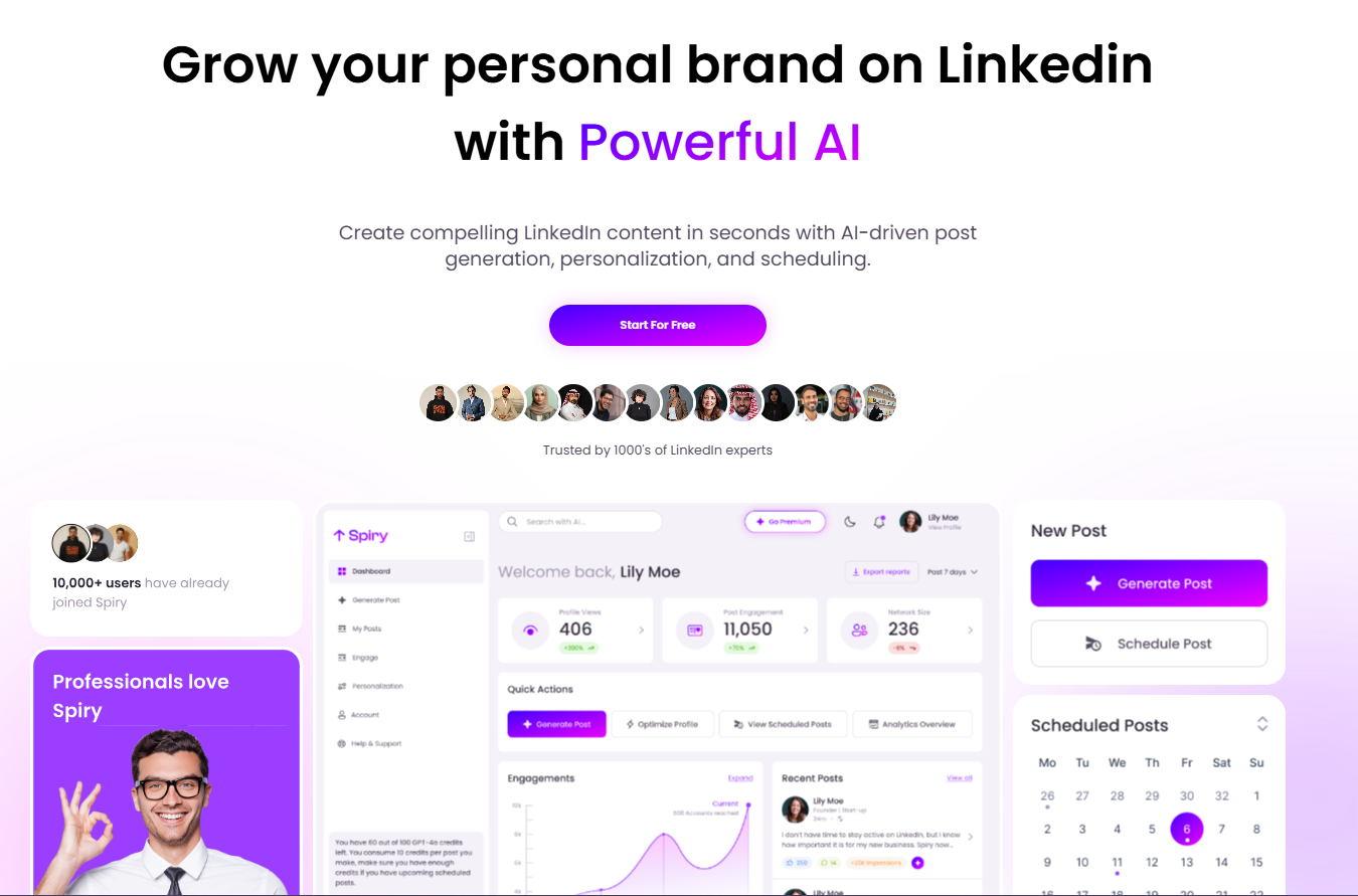 Spiry is an AI-powered LinkedIn personal branding platform that helps professionals create content, schedule posts, and engage strategically—all from one dashboard. Grow visibility, authority, and inbound opportunities without spending hours on LinkedIn.
