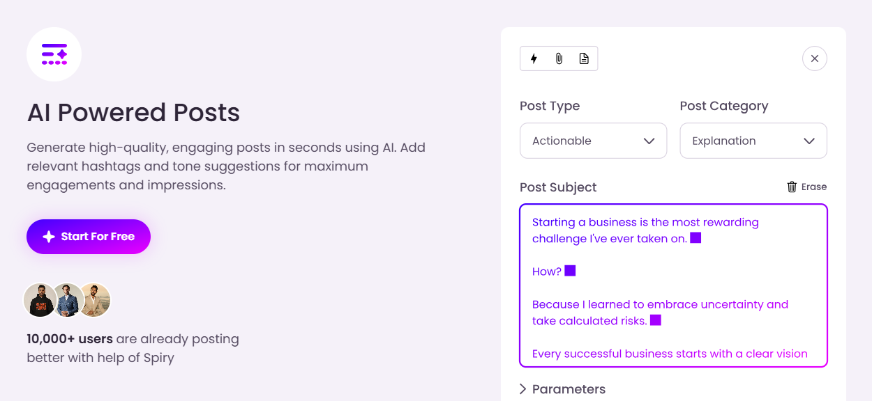 Create high-performing LinkedIn posts in seconds using Spiry’s AI-powered dashboard. Choose your topic, tone, and post format, then generate ready-to-publish content tailored to your personal brand eliminating writer’s block and saving hours of manual work.