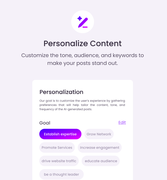 Customize your personal brand by defining your tone, writing style, and topics of interest. Spiry uses these preferences to generate LinkedIn posts that sound authentic and consistent with your unique voice.